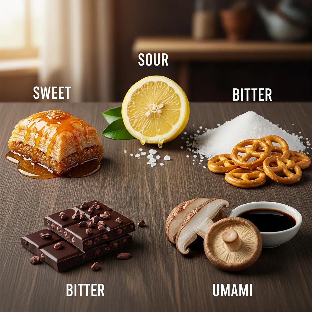 Visual representation of the five basic tastes: sweet baklava, sour lemon, salty pretzels, bitter chocolate, and umami mushrooms with soy sauce, artistically arranged on a wooden table.