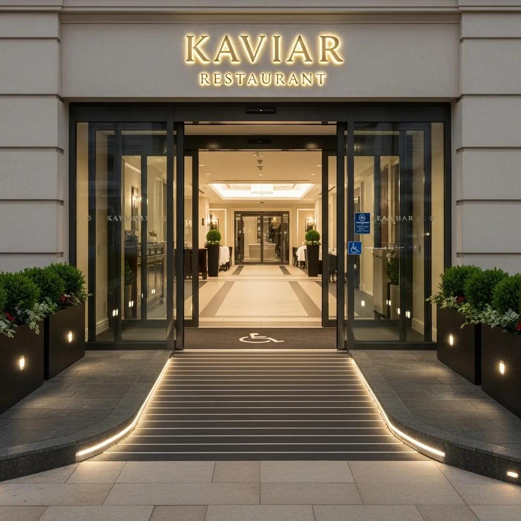 Wheelchair accessible entrance at Kaviar Restaurant featuring a ramp, wide door clearances, and illuminated pathway for easy access.